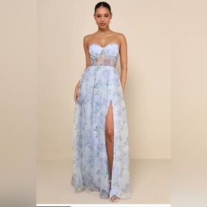 Charming Sweetness Periwinkle Floral Organza Bustier Maxi Dress